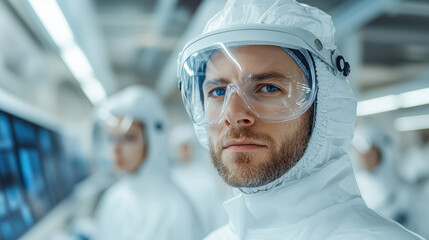 High tech laboratory with scientists in protective gear, focused on research and analysis