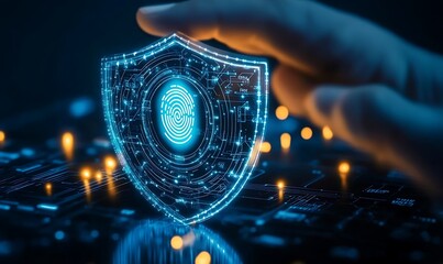  Business cybersecurity representation with fingerprint shield. Hand presenting glowing shield with fingerprint and connected digital icons symbolizing data protection.