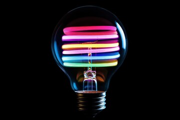 Colorful spiral lightbulb, dark background, idea concept, stock photo
