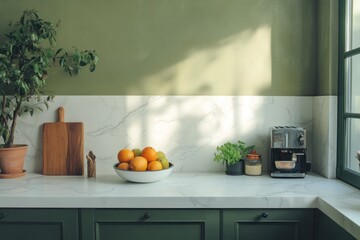 Fresh fruit bowl on a modern kitchen countertop, sunlight streams in, greenery, espresso machine