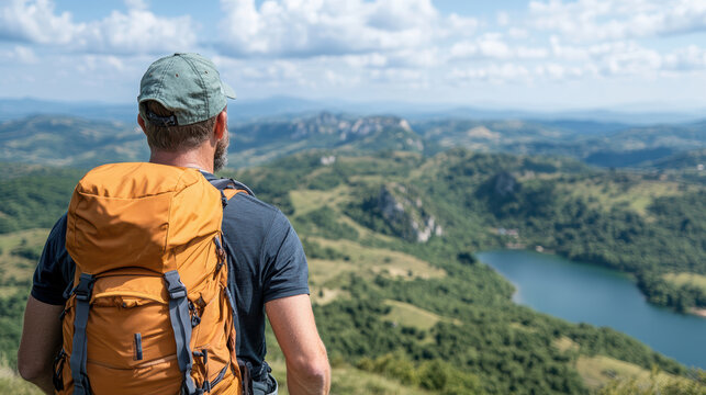 hiker with orange backpack enjoys stunning mountain view, feeling inspired by nature beauty - Powered by Adobe