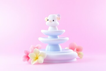 Pastel-colored tiered fountain figurine,  cute and whimsical, with flowers