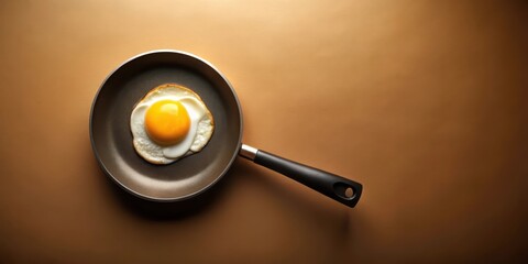 A perfectly fried egg in a dark-colored pan on a warm-toned surface, showcasing the golden yolk and the crisp edges of the white.