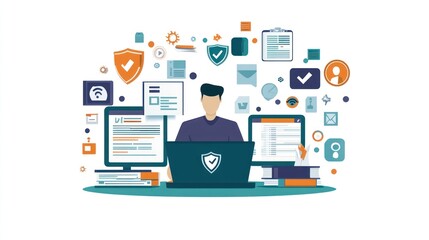 Cybersecurity Professional Working Multiple Screens Data Protection