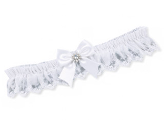 bridal garter with semi-sheer lace, a satin bow, and delicate crystal accents for an elegant finish.