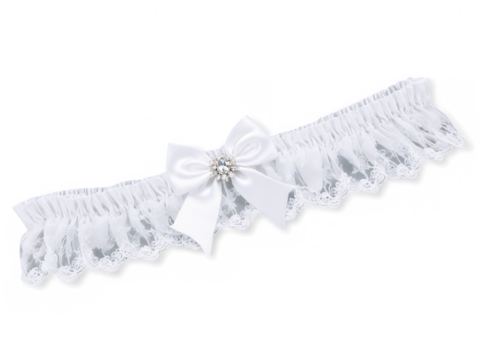 bridal garter with semi-sheer lace, a satin bow, and delicate crystal accents for an elegant finish.