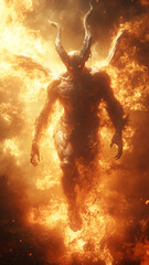 winged demon with molten rock claws emerges from flames, exuding powerful and fiery presence