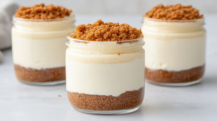 Creamy cheesecake layered in jars with crunchy topping, perfect for dessert lovers