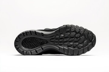 Black athletic shoe bottom view.  Detailed sole design