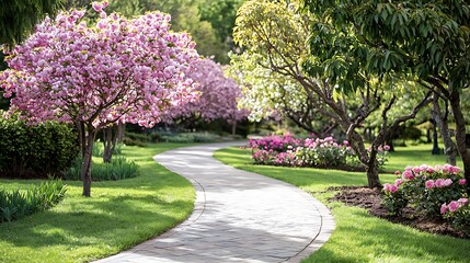 Spring blooming flora nature's colorful journey through a serene park pathway