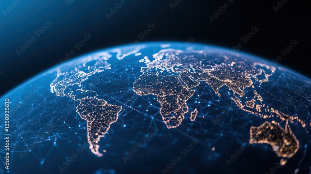 Poster digital representation of earth showcasing illuminated continents and interconnected networks