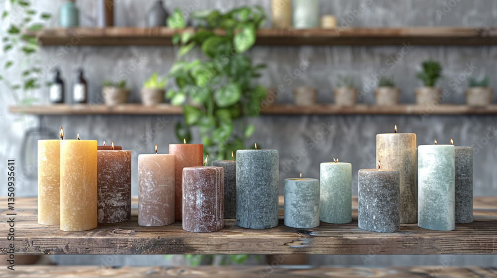 Poster a front-facing shot of a row of handmade pillar candles in varying heights, neatly arranged on a woo