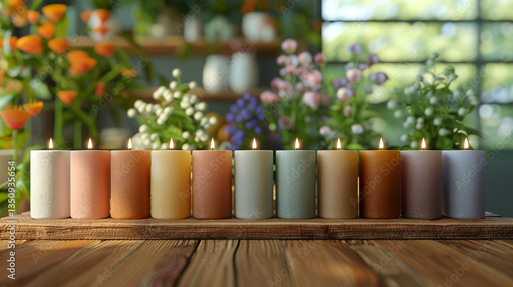 Poster a front-facing shot of a row of handmade pillar candles in varying heights, neatly arranged on a woo