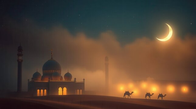 "Eid al-Fitr Celebration with Stunning Sunset & Crescent Moon"
