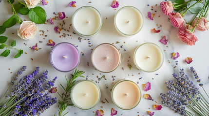 A minimalist flat lay of white and pastel-colored soy candles in aesthetic glass jars, arranged on a marble surface with scattered dried lavender and rose petals.