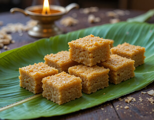 Mysore Pak on a Banana Leaf &ndash; South Indian Sweet Photography