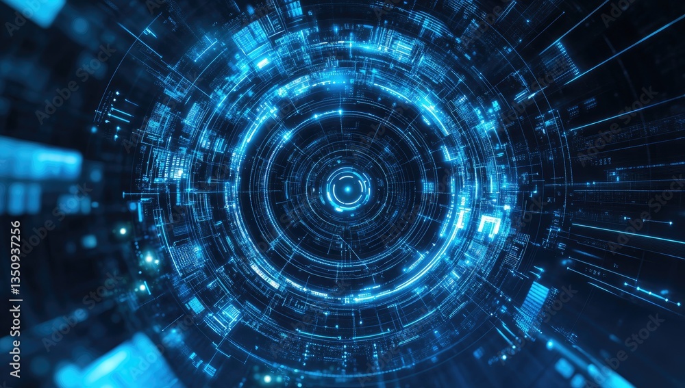 Poster abstract futuristic technology rings. complex network of glowing blue circuits and data streams
