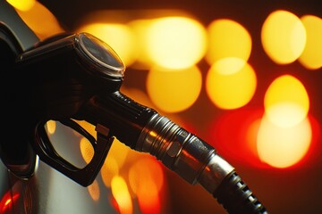 A detailed macro shot of a gas nozzle inserted into a vehicleâ€™s fuel tank, with blurred car lights behind.