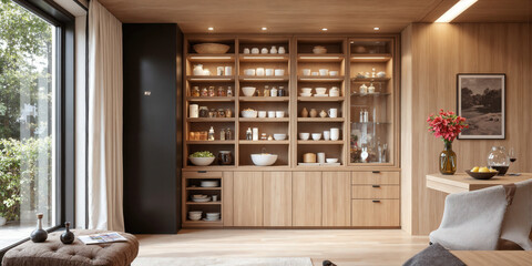 AI-driven pantry in rustic oak, with smart shelving that organizes ingredients based on usage patterns, and AI-powered storage systems that