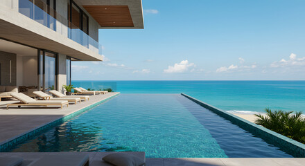 Fototapeta premium Modern Beach House with a Seamless Indoor-Outdoor Pool Overlooking the Blue Sea