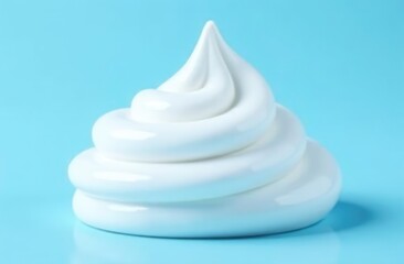 Face cleansing mousse sample. White cleanser foam bubbles on blue background. Soap, shower gel, shampoo foam texture closeup.