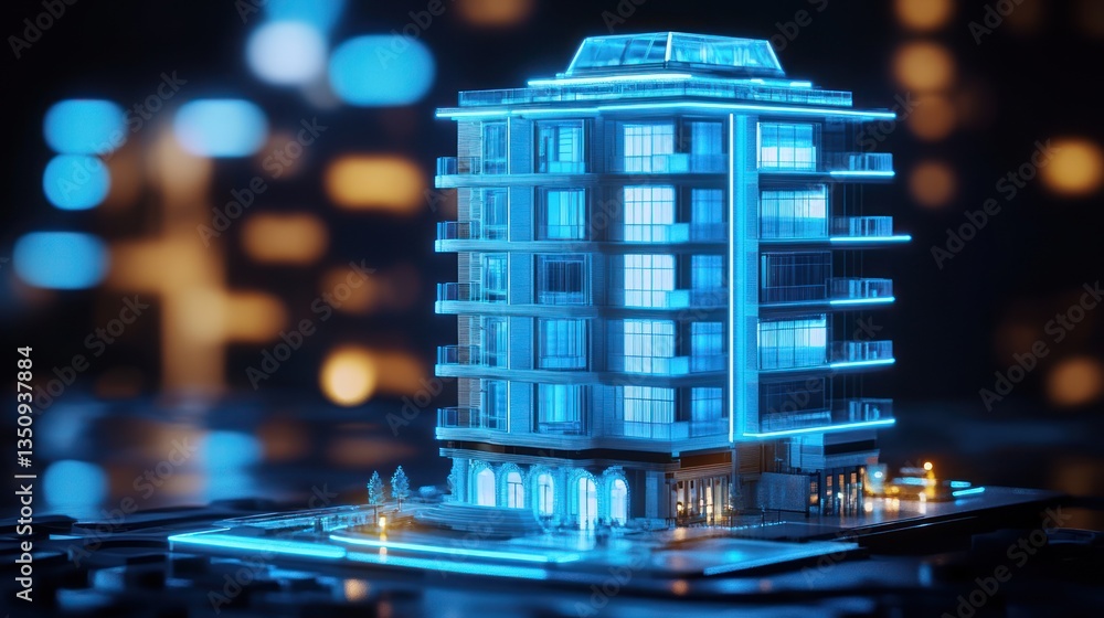 Poster futuristic apartment building model on display
