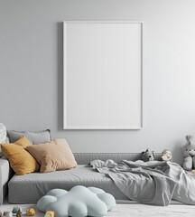 Blank frame mockup in minimalist kids room.