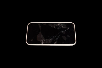 Broken glass shield or film screen cover of smartphone on black background. Safety and protection concept.