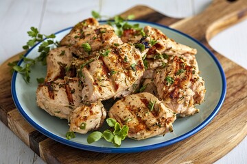 A photo of grilled chunks of chicken on a plate