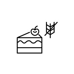 Slice of cake with cherry on top and crossed wheat. Gluten-free bakery and flour. Pixel perfect, editable stroke vector icon