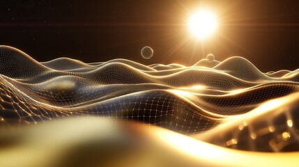 Gravity waves and quantum particles merge in a surreal dance, exploring the fabric of spacetime.
