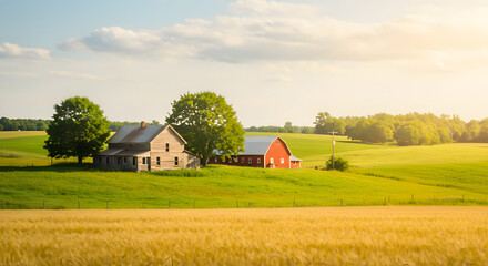 Obraz premium Golden Wisconsin Farmlands in Hazy Summer Light, A Peaceful Rural View