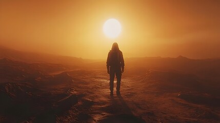 Obraz premium A lone figure stands silhouetted against a hazy orange sunset on a desolate alien planet landscape facing an immense sun.