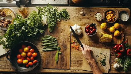 Overhead shot of a rustic kitchen scene, featuring hands preparing fresh vegetables on a wooden cutting board, surrounded by an assortment of colorful ingredients. - Powered by Adobe