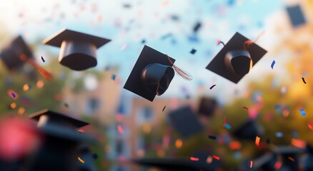 Graduation caps aloft, confetti falling, campus background, celebratory scene