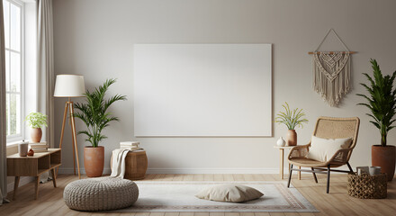 Warm and Airy Scandi-Boho Room with Natural Textures, Wall Mockup, and Soft Lighting

