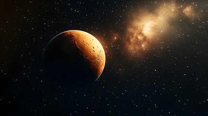 A breathtaking view of in space with a nebula in the background, showcasing the planet's stunning red surface and cosmic dust.