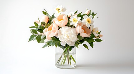 Fototapeta premium Spring floral arrangement featuring nature's colors in a glass vase indoor setting