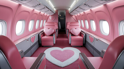 Pink airplane interior, luxurious seating, heart-shaped rug.
