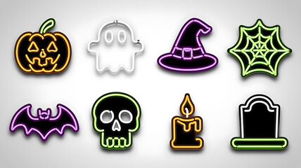 Neon Halloween icons, pumpkins, ghosts, and bats.
