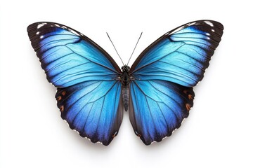 Fototapeta premium Vibrant blue butterfly, wings outstretched against a plain white background. Detailed view of intricate patterns and color gradients