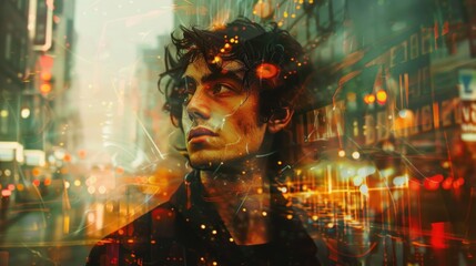 Urban dreamer gazing at city lights, blending person and cityscapes