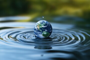 Earth globe hovering above water surface with a droplet falling into the water creating ripples