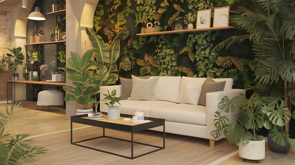 Cozy living room filled with plants and a light beige sofa.
