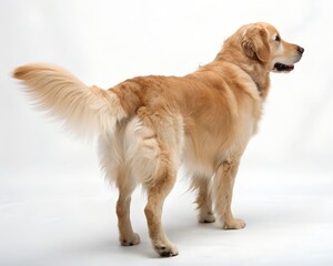 A golden retriever standing on a blank background, from the back