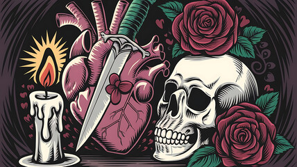 Heart pierced by dagger skull roses candle Dark romantic tattoo-inspired design