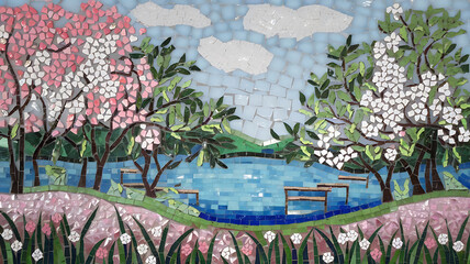 Spring blossoms frame a tranquil lake scene.
