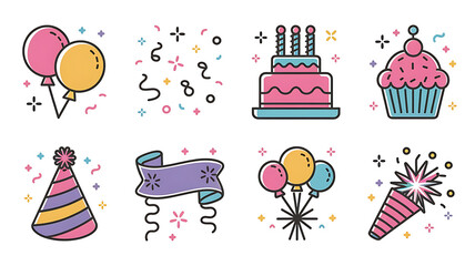 Colorful party icons, balloons, cake, and confetti.
