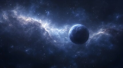Obraz premium A serene blue planet floats amidst a cosmic nebula of swirling gas and dust in deep space.