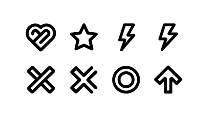 Simple black line icons, various symbols.
